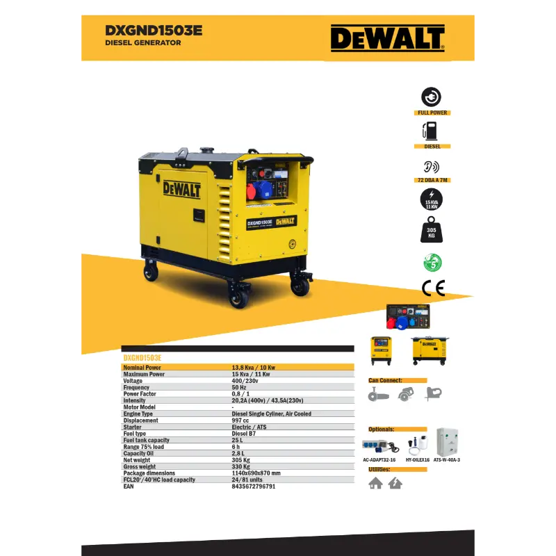 Gerador Diesel DEWALT DXGND1503E 15 kVA 400/230 V