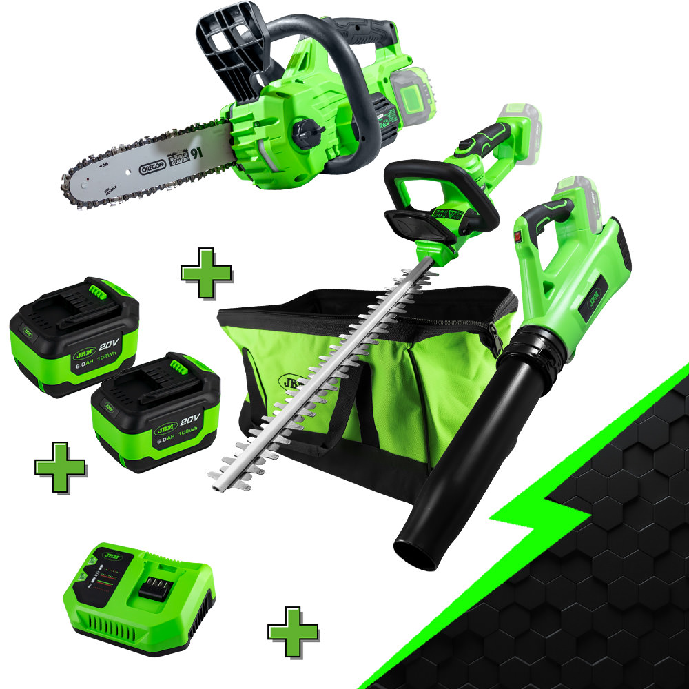 Kit de Ferramentas de Jardim JBM Corta-Sebes, Motosserra e Soprador com Bateria e Carregador Kit de Ferramentas de Jardim JBM Corta-Sebes, Motosserra e Soprador com Bateria e Carregador