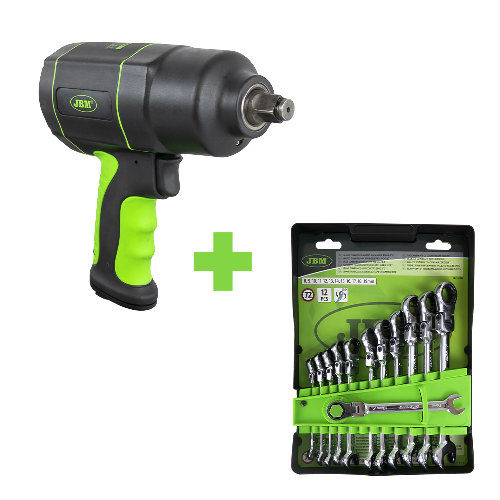 Conjunto de Ferramentas JBM 51318 e 53608 com Pistola de Impacto 1/2" 1200Nm e 12 Chaves Combinadas Conjunto de Ferramentas JBM 51318 e 53608 com Pistola de Impacto 1/2" 1200Nm e 12 Chaves Combinadas