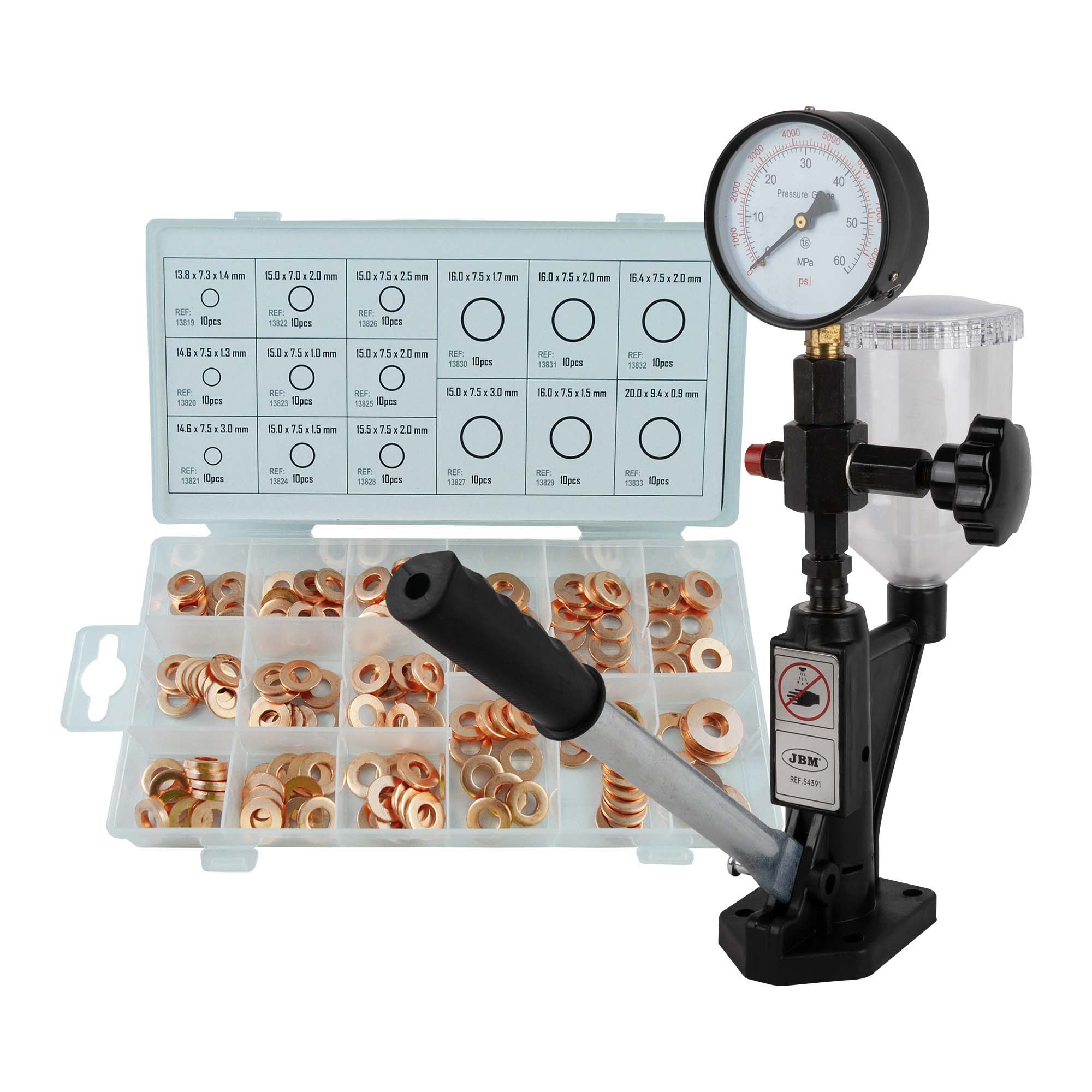 Comprovador de Injetores Diesel JBM com Estojo de 150 Anilhas de Cobre Comprovador de Injetores Diesel JBM com Estojo de 150 Anilhas de Cobre