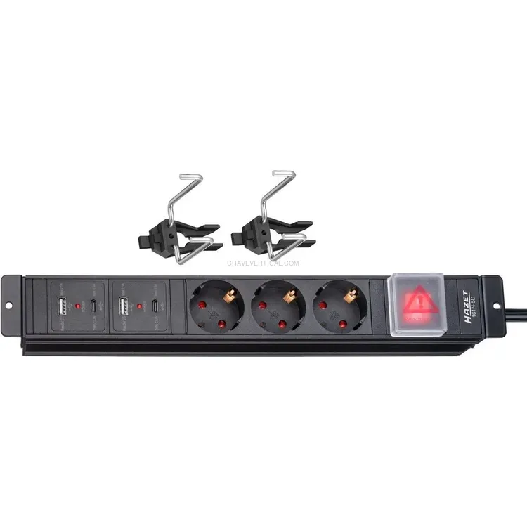 Bloco Multiprises HAZET 3 Tomadas 2 USB com Interruptor Bloco Multiprises HAZET 3 Tomadas 2 USB com Interruptor