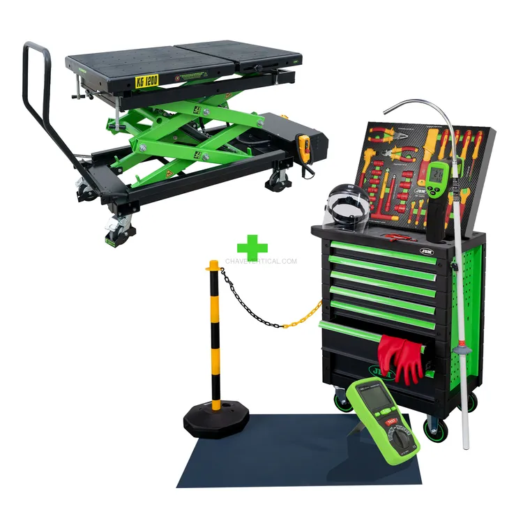 Carro de Ferramentas JBM 7 Gavetas Verde Especial VDE com Mesa Hidráulica para Baterias Carro de Ferramentas JBM 7 Gavetas Verde Especial VDE com Mesa Hidráulica para Baterias