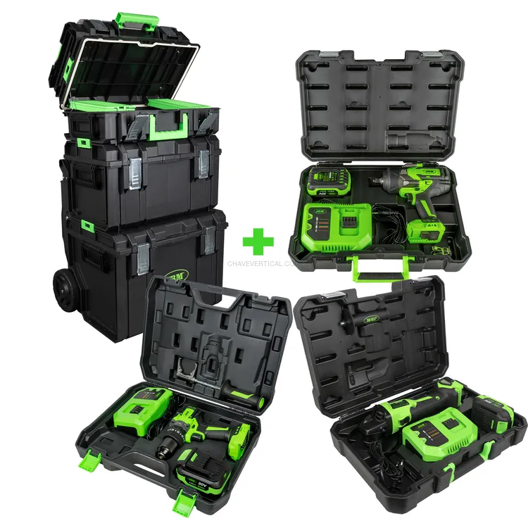 Conjunto Carro Modular Empilhável JBM com Rebarbadora Angular, Berbequim Percutor e Chave de Impacto