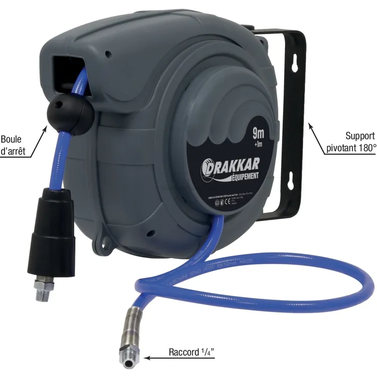 Enrolador Automático Orientável de Mangueira de Ar DRAKKAR Poliuretano 12 bar 8x12mm 9+1m 1/4 Pol.