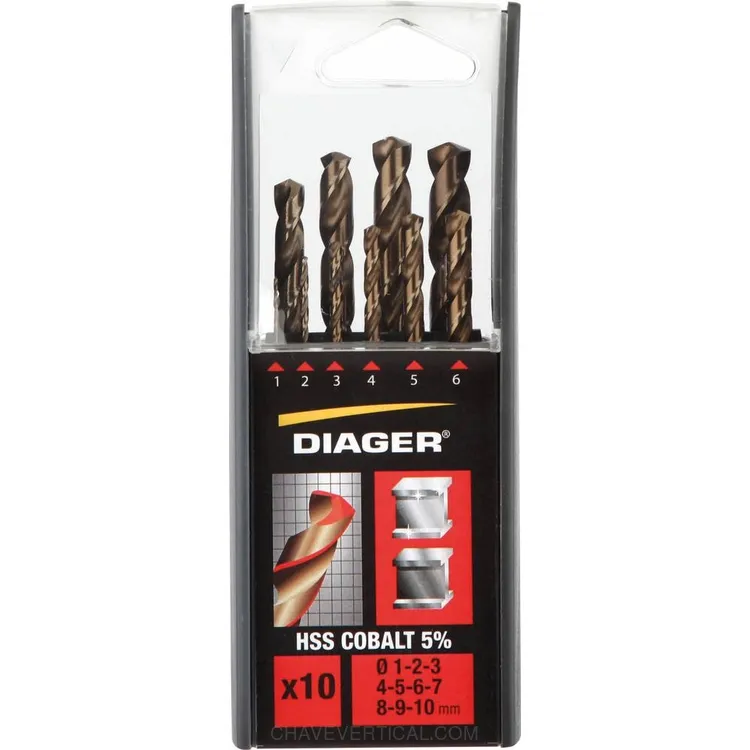 Jogo de 10 Brocas HSS Cobalto DIAGER Ø1-10mm DIN 338 Jogo de 10 Brocas HSS Cobalto DIAGER Ø1-10mm DIN 338