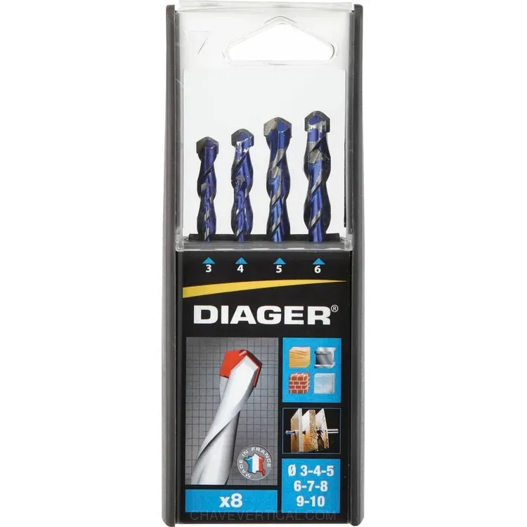 Jogo de 8 Brocas Multimateriais DIAGER Carbureto 3 a 10mm Jogo de 8 Brocas Multimateriais DIAGER Carbureto 3 a 10mm