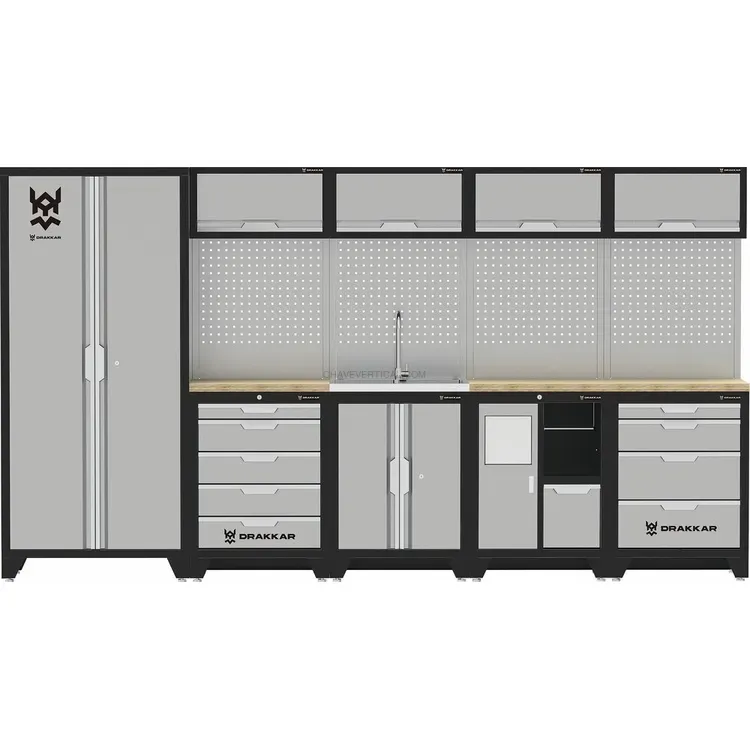 Mobiliário de Oficina 5 Elementos com Lava-loiça e Tampo em Faia DRAKKAR 3635x488x2000mm Mobiliário de Oficina 5 Elementos com Lava-loiça e Tampo em Faia DRAKKAR 3635x488x2000mm
