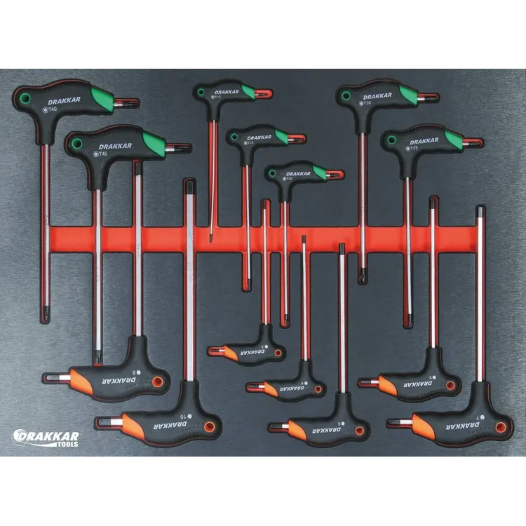 Módulo de Espuma DRAKKAR 534x395mm para Chaves Punho em T Hex/Torx 14 Peças Módulo de Espuma DRAKKAR 534x395mm para Chaves Punho em T Hex/Torx 14 Peças