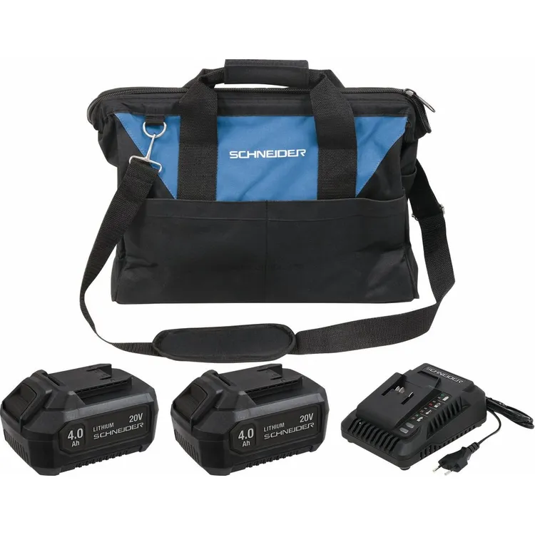 Pack de Baterias SCHNEIDER 20V 2x4Ah com Carregador 3A e Saco Pack de Baterias SCHNEIDER 20V 2x4Ah com Carregador 3A e Saco