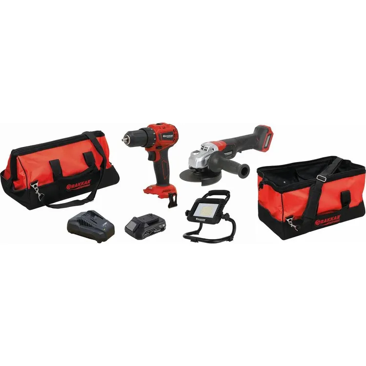 Pack de Ferramentas 20V DRAKKAR Berbequim 40Nm, Rebarbadora 125mm, Projetor LED, 2 Baterias 4Ah e Saco Pack de Ferramentas 20V DRAKKAR Berbequim 40Nm, Rebarbadora 125mm, Projetor LED, 2 Baterias 4Ah e Saco