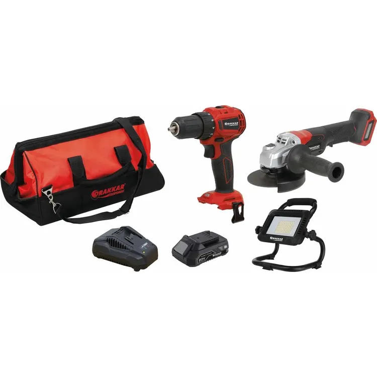 Pack de Ferramentas Sem Fios DRAKKAR 20V Berbequim 40Nm + Rebarbadora 125mm + Projetor LED 35W Pack de Ferramentas Sem Fios DRAKKAR 20V Berbequim 40Nm + Rebarbadora 125mm + Projetor LED 35W
