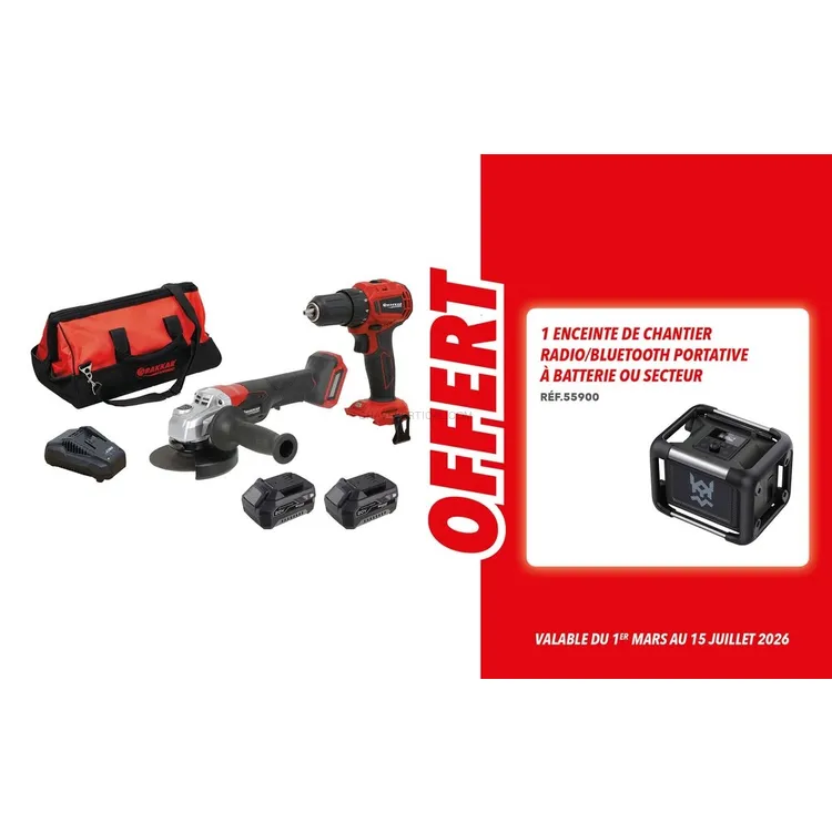 Pack DRAKKAR 20V Berbequim 40Nm e Rebarbadora 125mm 2 Baterias Pack DRAKKAR 20V Berbequim 40Nm e Rebarbadora 125mm 2 Baterias