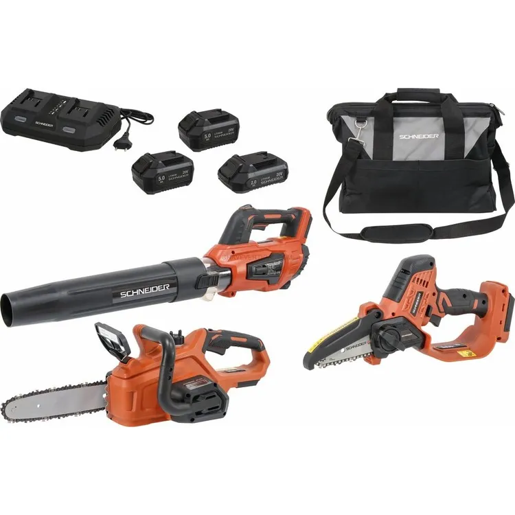 Pack Jardim SCHNEIDER 20V com Soprador, Podadora e Motosserra Pack Jardim SCHNEIDER 20V com Soprador, Podadora e Motosserra