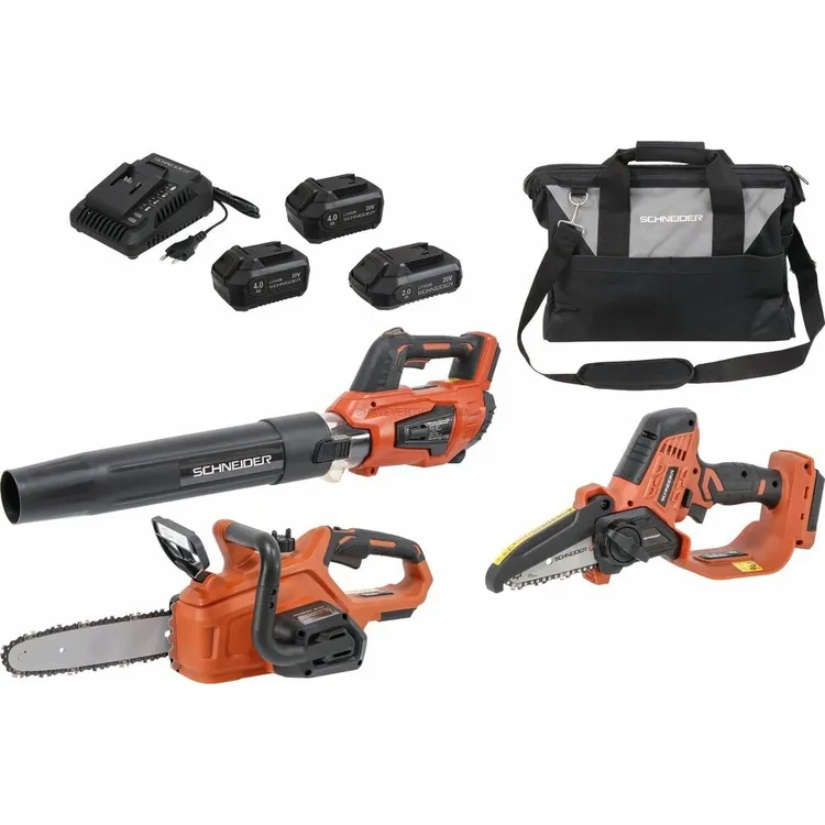 Pack Jardim SCHNEIDER 20V com Soprador, Podadora e Motosserra Pack Jardim SCHNEIDER 20V com Soprador, Podadora e Motosserra