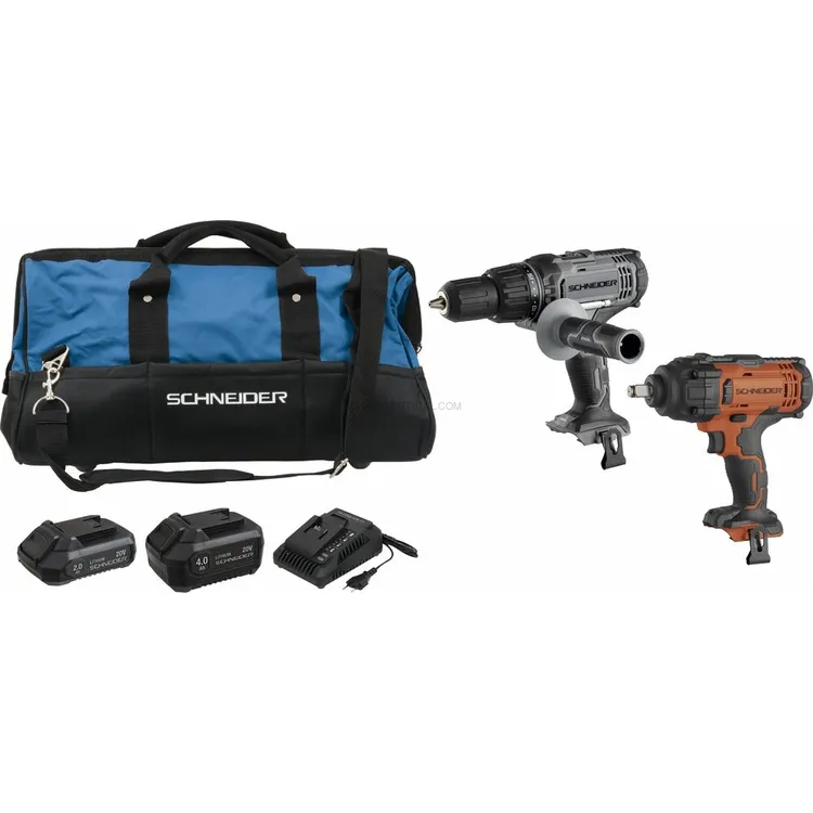 Pack SCHNEIDER 20V Berbequim 50Nm + Chave de Impacto 650Nm + 2 Baterias Pack SCHNEIDER 20V Berbequim 50Nm + Chave de Impacto 650Nm + 2 Baterias