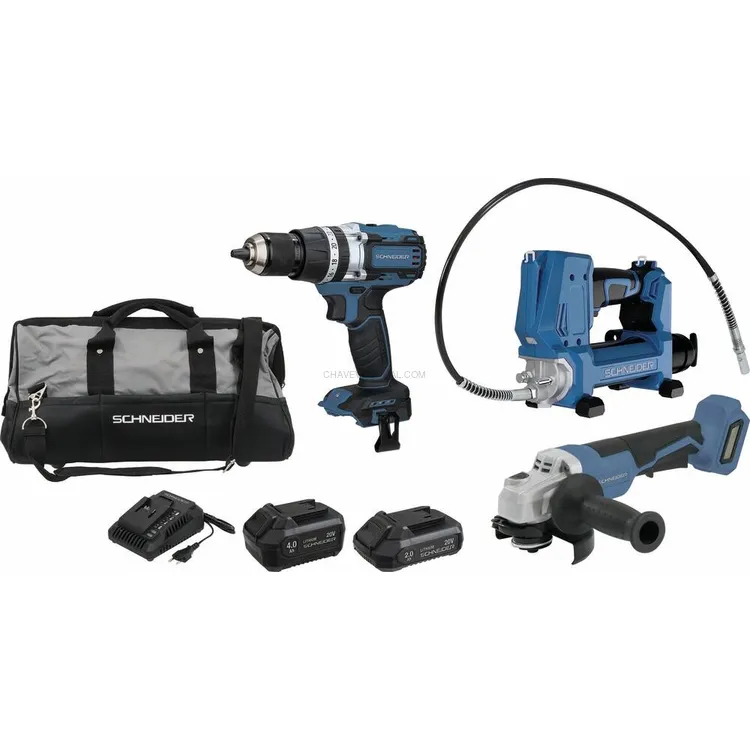 Pack SCHNEIDER 20V Berbequim 65Nm + Bomba de Massa 690bar + Rebarbadora 125mm Pack SCHNEIDER 20V Berbequim 65Nm + Bomba de Massa 690bar + Rebarbadora 125mm