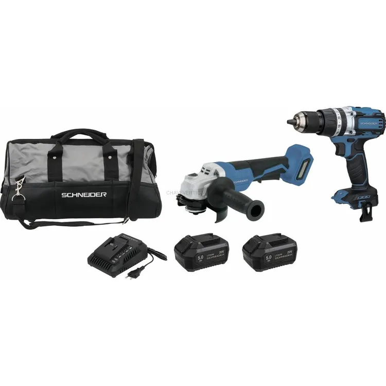 Pack SCHNEIDER 20V Berbequim Brushless 65Nm + Rebarbadora 125mm 2x5Ah