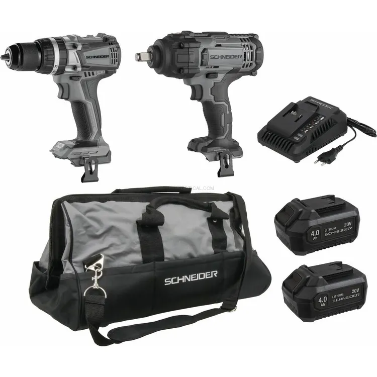 Pack SCHNEIDER 20V Berbequim Percussão 60Nm + Chave Impacto 650Nm 2x4Ah Pack SCHNEIDER 20V Berbequim Percussão 60Nm + Chave Impacto 650Nm 2x4Ah