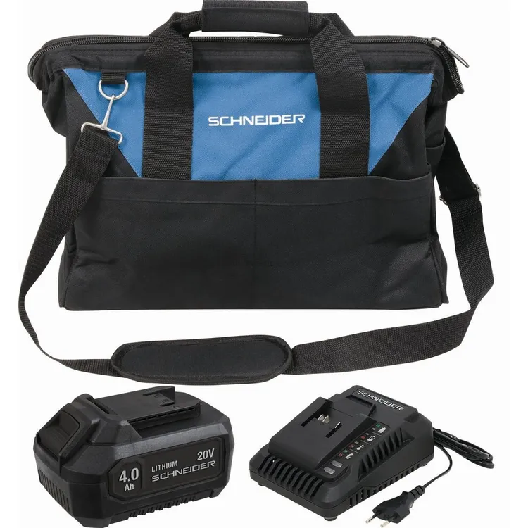 Pack SCHNEIDER 20V com Bateria 4Ah, Carregador 3A e Saco Pack SCHNEIDER 20V com Bateria 4Ah, Carregador 3A e Saco