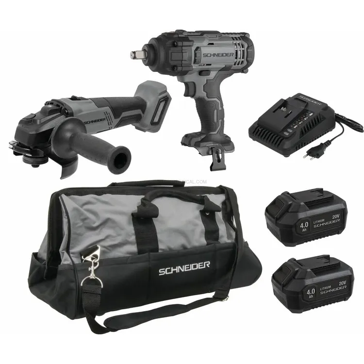 Pack SCHNEIDER 20V Rebarbadora 125mm + Chave de Impacto 1/2″ 650Nm 2x4Ah Pack SCHNEIDER 20V Rebarbadora 125mm + Chave de Impacto 1/2″ 650Nm 2x4Ah