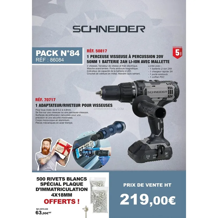 Pack SCHNEIDER Berbequim Percutor 20V 50Nm com Adaptador Rebitador e Rebites