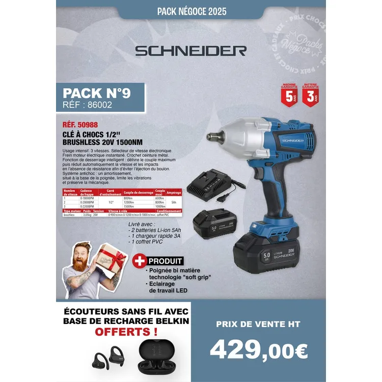 Pack SCHNEIDER Chave de Impacto 1/2 Polegada 20V 1000/1500Nm com 2 Baterias 5Ah e Mala