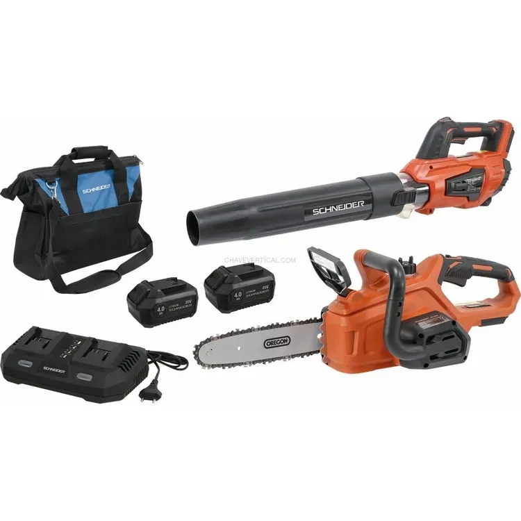 Pack Soprador e Motosserra a Bateria 20V SCHNEIDER 4Ah com Carregador Duplo e Saco Pack Soprador e Motosserra a Bateria 20V SCHNEIDER 4Ah com Carregador Duplo e Saco