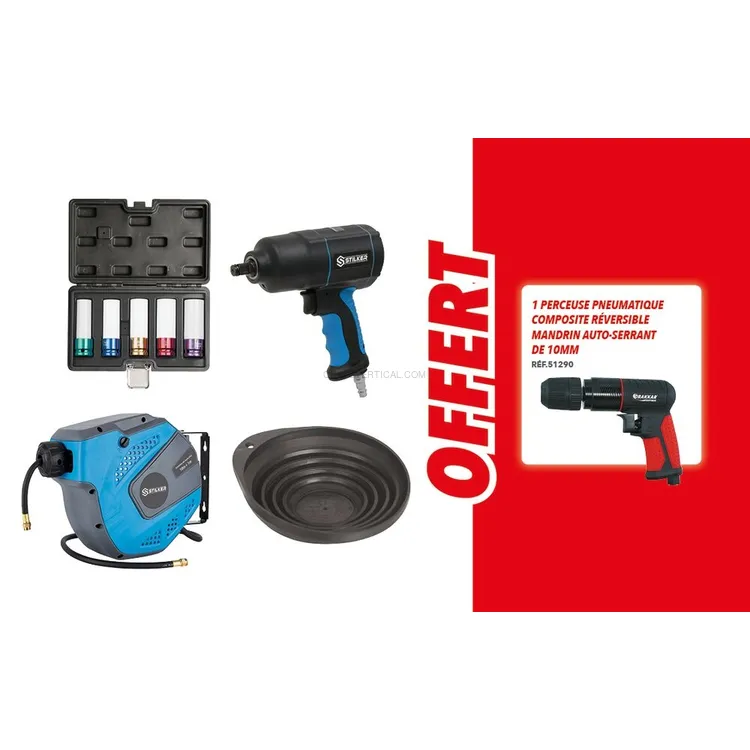 Pack STILKER Enrolador de Mangueira de Ar 10m com Chave de Impacto, Berbequim Pneumático e Acessórios Pack STILKER Enrolador de Mangueira de Ar 10m com Chave de Impacto, Berbequim Pneumático e Acessórios