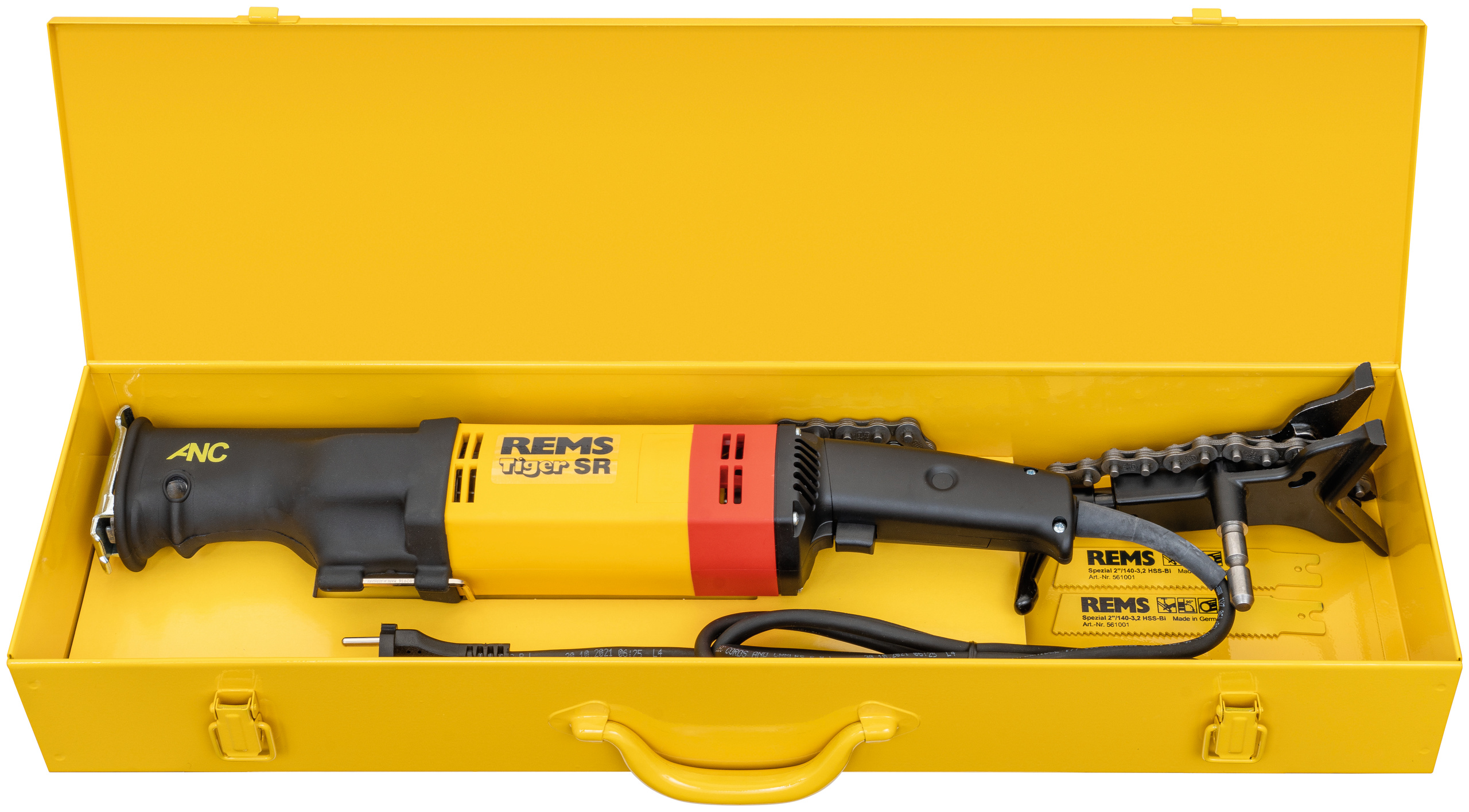 Serra de Sabre para Tubos REMS Tiger SR 1400 W 700–2200 CPM com Guia de Corrente 6 POL REMS Tiger SR Set K conjunto